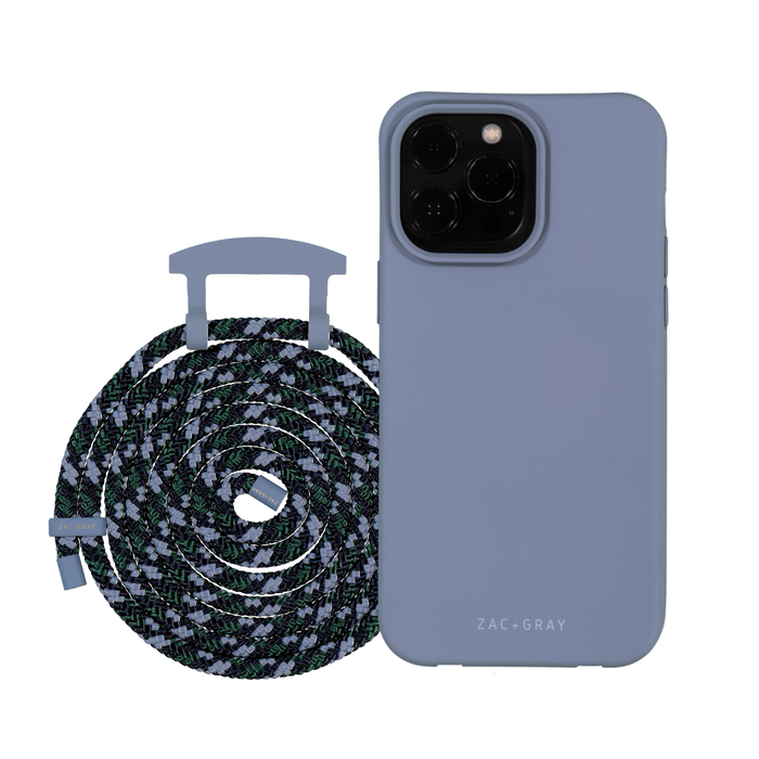 a blue phone case next to a black and white cable