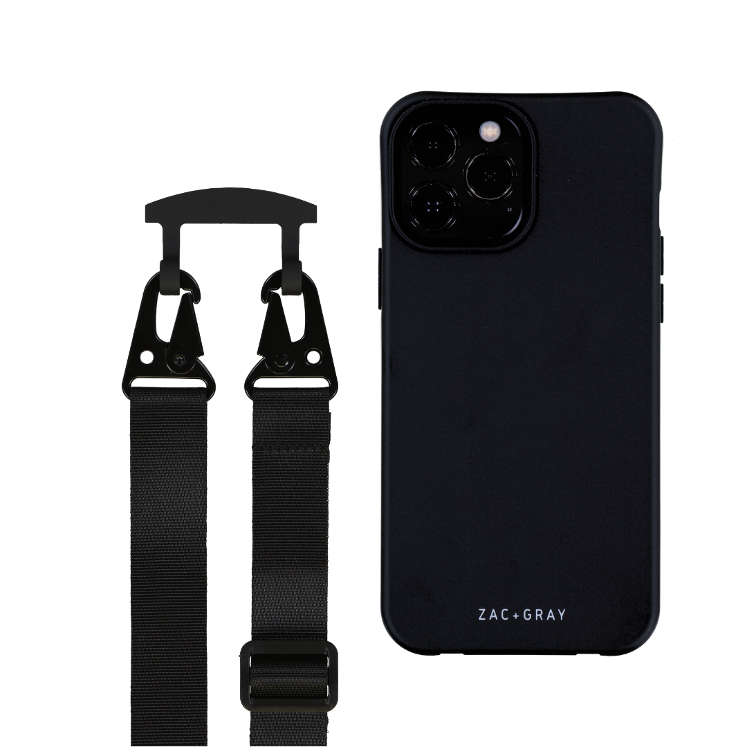 a black phone case with two suspenders attached to it