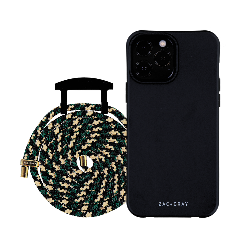 a black phone case with a green and white rope