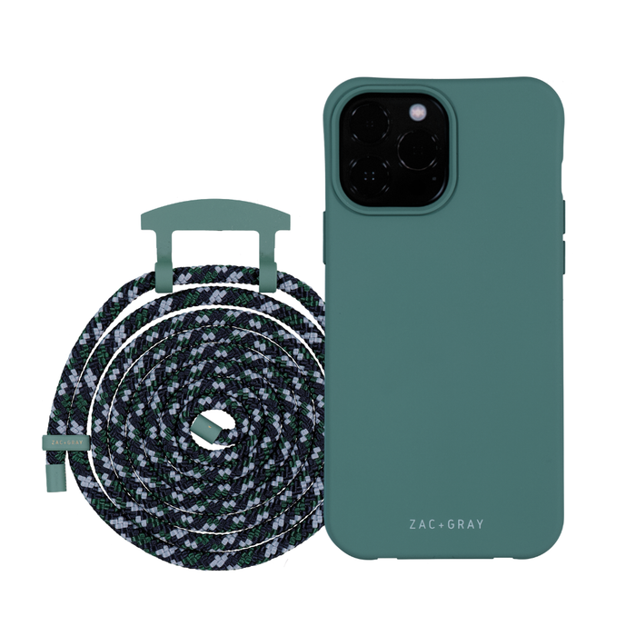 a green case with a black and white rope next to it